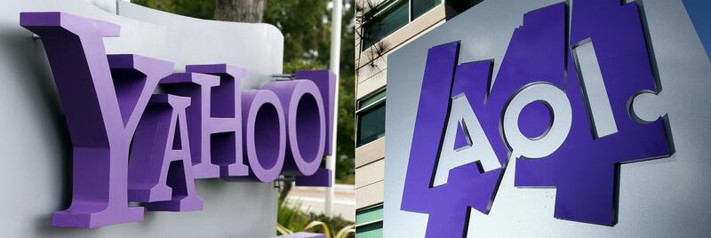 (FILES)(COMBO) This combination of pictures created on April 4, 2017 shows the Yahoo logo is displayed in front of the Yahoo headqarters in Sunnyvale, California and the AOL logo posted on a sign in front of the AOL Inc. offices in Palo Alto, California. Verizon announced on May 3, 2021 it was selling faded internet stars Yahoo and AOL to a private equity firm for $5 billion, ending the media ambitions of the telecoms giant. The deal with Apollo Global Management also includes the entire Verizon Media unit, including the advertising tech operations of the two brands.Verizon will retain a 10 percent stake in the company, which will continue to be led by chief executive Guru Gowrappan, the company said in a statement.

 / AFP / GETTY IMAGES NORTH AMERICA / JUSTIN SULLIVAN
