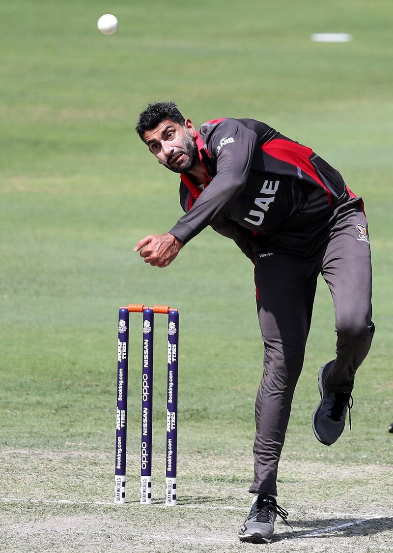 Dubai, United Arab Emirates - October 14, 2019: The UAE's captain Ahmed Raza during the ICC Mens T20 World cup qualifier warm up game between the UAE and Scotland. Monday the 14th of October 2019. International Cricket Stadium, Dubai. Chris Whiteoak / The National