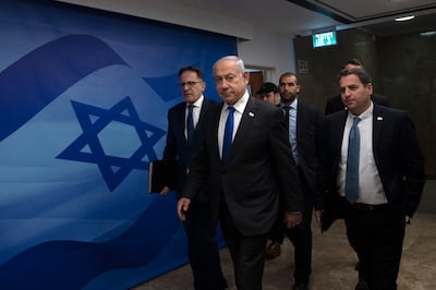 Israel's Prime Minister Benjamin Netanyahu, arrives at a weekly cabinet meeting in Jerusalem, on March 12. EPA 