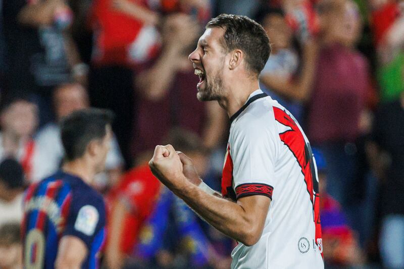 Rayo's Florian Lejeune celebrates at the end of the match. AP Photo