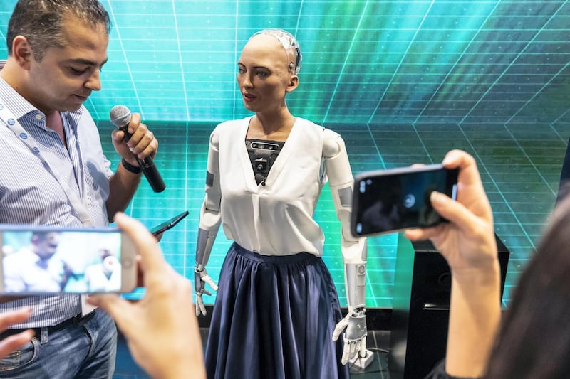 DUBAI, UNITED ARAB EMIRATES. 14 OCTOBER 2018. GITEX 2019. The Saudi robot Sofia at the Etisalat stand. (Photo: Antonie Robertson/The National) Journalist: Patrick Ryan. Section: National.