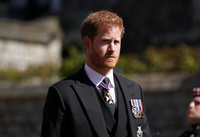 Britain's Prince Harry, Duke of Sussex looks on as he attends the funeral of Britain's Prince Philip, husband of Queen Elizabeth, who died at the age of 99, in Windsor, Britain, April 17, 2021. Victoria Jones/Pool via REUTERS