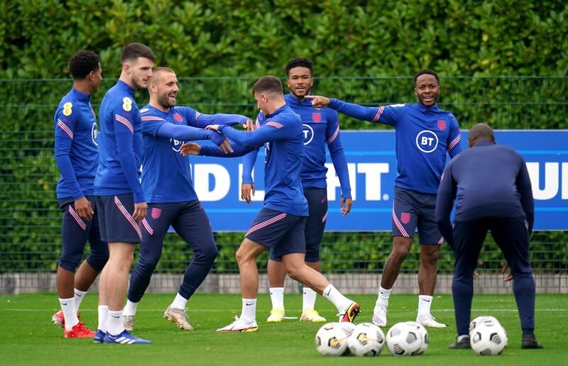 Luke Shaw and Mason Mount during a training session on Saturday. PA