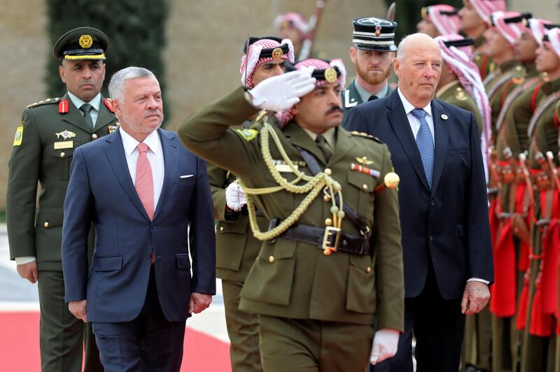 Jordan's King Abdullah II and Norway's King Harald V review an honor guard at the Royal Palace in Amman, Jordan. REUTERS