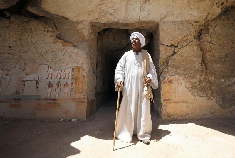 Chief excavation worker Aly Farouk stands outside a newly discovered pharaonic tomb 'Shedsu Djehuty' in Luxor, Egypt. Reuters