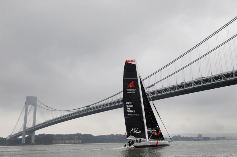 The Malizia II racing yacht carrying Swedish 16-year-old activist Greta Thunberg sails underneath the Verrazano-Narrows Bridge in New York Harbor as she nears the completion of her trans-Atlantic crossing in order to attend a United Nations summit on climate change in New York, U.S., August 28, 2019. REUTERS/Mike Segar