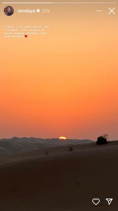 Zendaya shared this photo of a sunset in Abu Dhabi while filming Dune: Part Two. Photo: Zendaya / Instagram