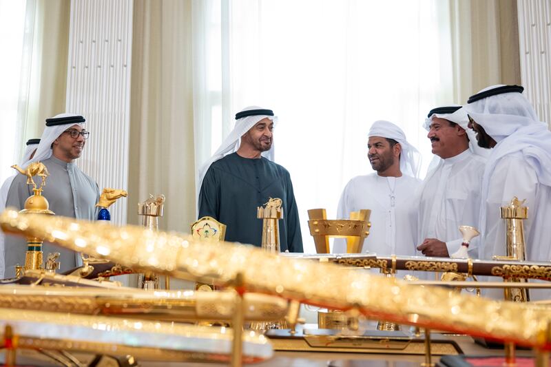 President Sheikh Mohamed was joined by Sheikh Mansour bin Zayed, Vice President, Deputy Prime Minister and Chairman of the Presidential Court, and Sheikh Sultan bin Hamdan bin Mohamed, Adviser to the President and Chairman of the Camel Racing Federation at a reception with Presidential Camel Racing Team. All Photos: UAE Presidential Court 