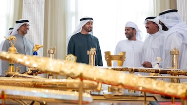 President Sheikh Mohamed was joined by Sheikh Mansour bin Zayed, Vice President, Deputy Prime Minister and Chairman of the Presidential Court, during the reception. Photo: UAE Presidential Court