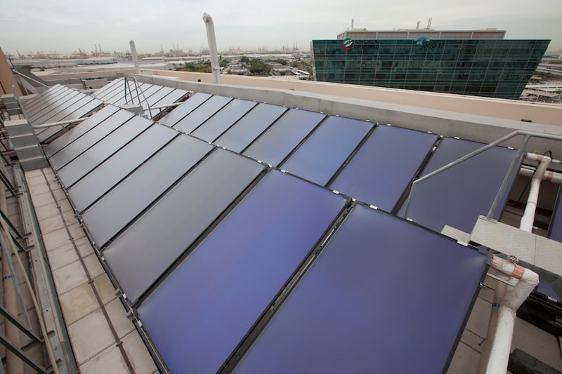 UAE - Dubai - April 13- 2011: Solar panels on the rooftop of The Easy Hotel in Jebel Ali.   ( Jaime Puebla - The National Newspaper )