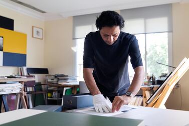 DUBAI, UNITED ARAB EMIRATES - SEPTEMBER 19, 2018. Hazem Harb in his studio. Born In 1980 In Gaza; Palestinian artist Hazem Harb's work deals with core issues including war, loss, trauma, human vulnerability and global instability. (Photo by Reem Mohammed/The National) Reporter: Melissa Gronlund Section: AC