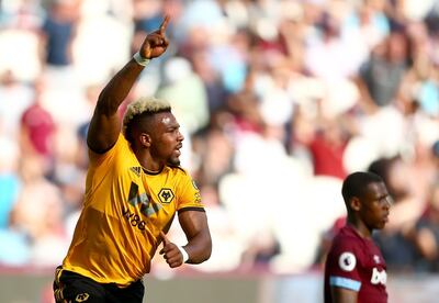 LONDON, ENGLAND - SEPTEMBER 01:  Adama Traore of Wolverhampton Wanderers celebrates after scoring his team's first goal during the Premier League match between West Ham United and Wolverhampton Wanderers at London Stadium on September 1, 2018 in London, United Kingdom.  (Photo by Jordan Mansfield/Getty Images)