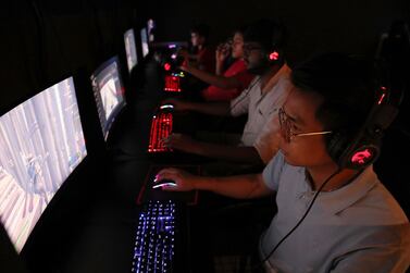 DUBAI, UNITED ARAB EMIRATES , Feb 8 – 2020 :- Young people playing games at the ALT gaming lounge in Dubai Investment Parks in Dubai. (Pawan Singh / The National) For Feature. Story by Ashleigh Stewart