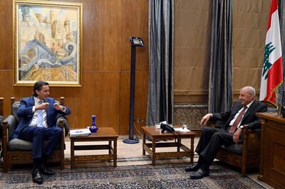 Lebanese Parliament Speaker Nabih Berri, right, meets US special envoy Amos Hochstein in Beirut on Thursday. EPA