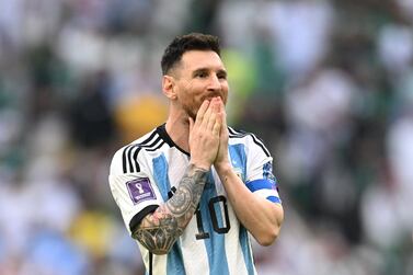 LUSAIL CITY, QATAR - NOVEMBER 22: Lionel Messi of Argentina shows dejection during the FIFA World Cup Qatar 2022 Group C match between Argentina and Saudi Arabia at Lusail Stadium on November 22, 2022 in Lusail City, Qatar. (Photo by Matthias Hangst / Getty Images)