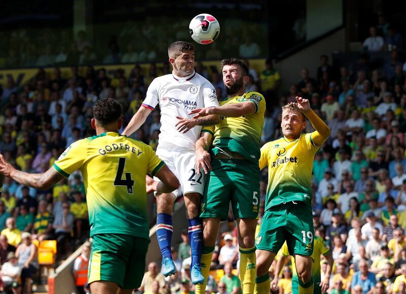 Chelsea's Christian Pulisic in action with Norwich City's Grant Hanley. Reuters.