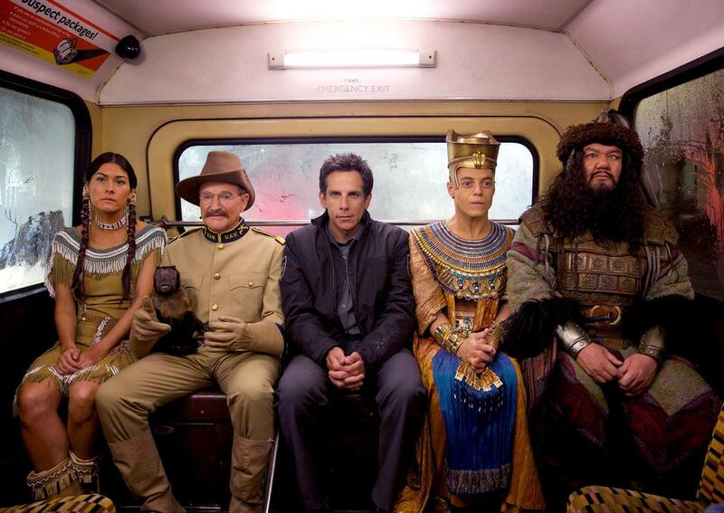 From left, Mizuo Peck, Robin Williams, Ben Stiller, Rami Malek and Patrick Gallagher appear in a scene from Night at the Museum: Secret of the Tomb. AP 