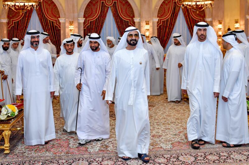 Sheikh Mohammed bin Rashid meets with guests at a ceremony at Za’abeel Palace.