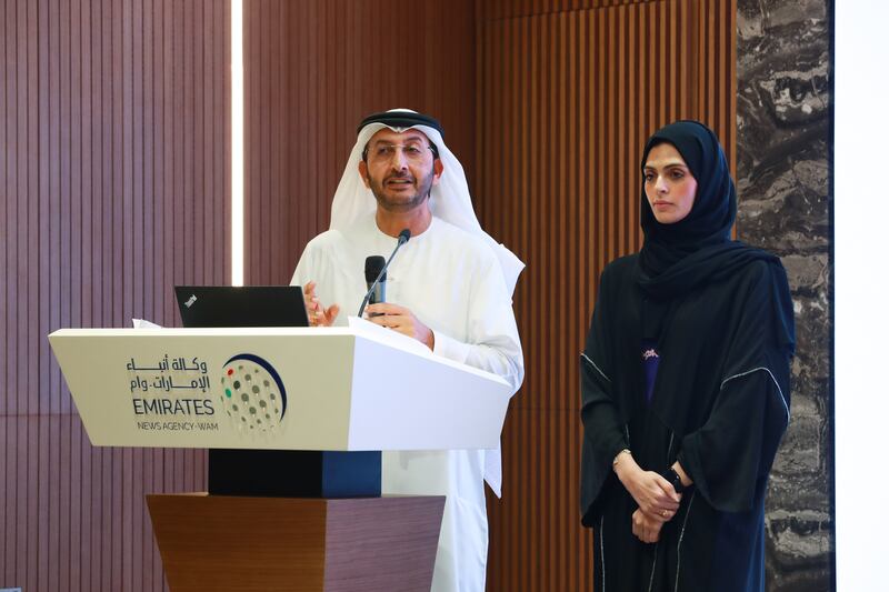 Abdullah Al Saleh, undersecretary of the Ministry of Economy and Samah AlHajeri, director of co-operatives and strategic reserve at the ministry, at a briefing on the new co-operative law in Abu Dhabi.