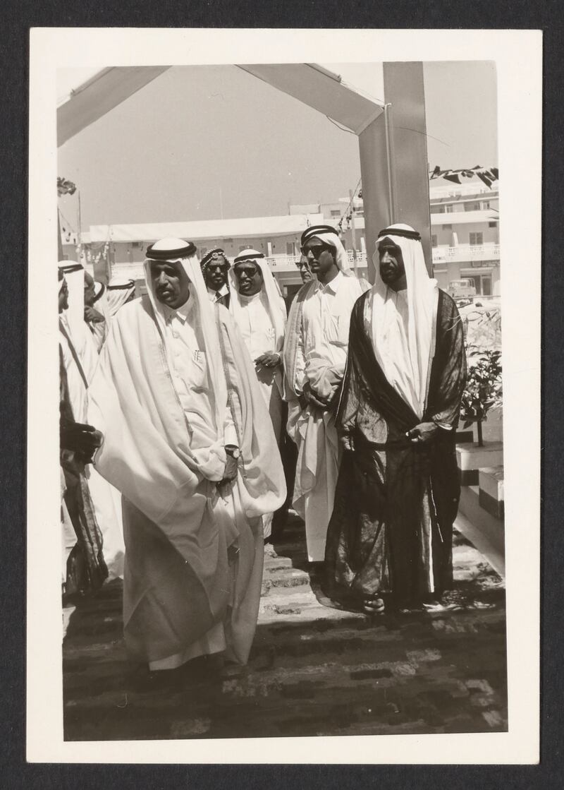 Sheikh Zayed bin Sultan with Sheikh Ahmed Al Thani (Ruler of Qatar), Sheikh Hamdan bin Mohamed Al Nahyan, Sheikh Mubarak bin Mohamed Al Nahyan and Butti bin Bishr at Al Diyafa Palace, Abu Dhabi, 1968. Photo: Akkasah, al Mawrid