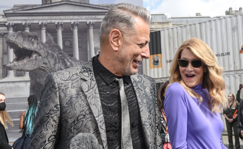 Jeff Goldblum and Laura Dern meet fans in Trafalgar Square, London, while promoting the film on May 2. Getty