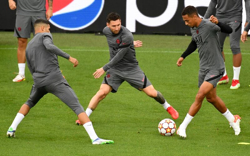 Lionel Messi with teammates during training for PSG's Champions League match at Jan Breydel Stadium in Bruges on Tuesday. Reuters