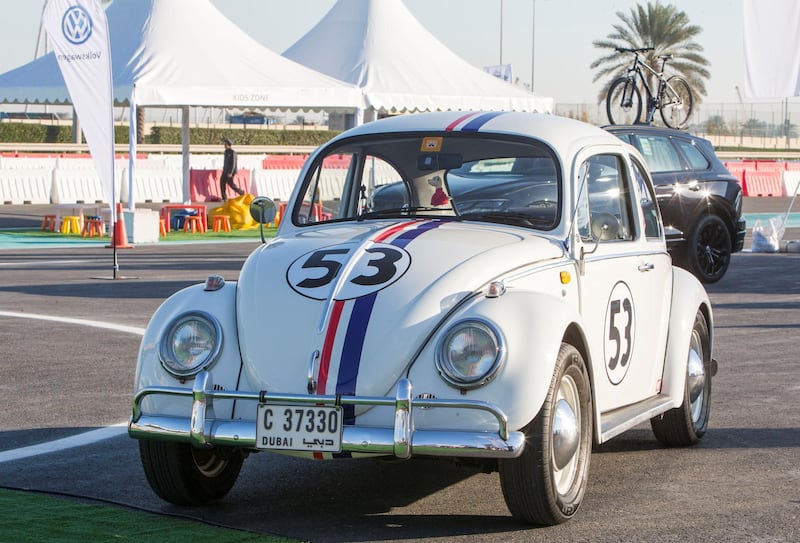 Abu Dhabi, UNITED ARAB EMIRATES - Owner Ian Harfield 1998 vw beetle, Herbie recreation, was done to take kids to school in much more fun than an SUV at the VW Dub Drive event at Yas Marina Circuit.  Leslie Pableo for The National for Adam Workman's story