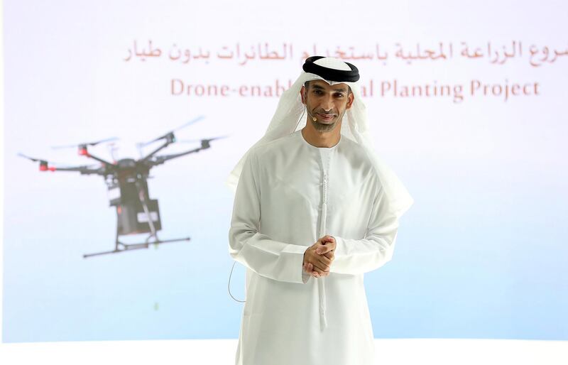 DUBAI, UNITED ARAB EMIRATES , Feb 25  – 2020 :- Dr. Thani Bin Ahmed Al Zeyoudi, Minister of Climate Change and Environment speaking on the topic of Drone Enabled Local Planting Project during the innovation talks held at Emirates Towers in Dubai. (Pawan Singh / The National) For News/Online.  Story by Kelly