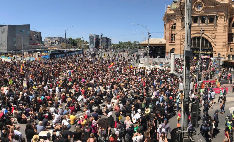 'Invasion Day' protesters gather at Flinders Street Station on Australia Day in Melbourne, Australia.  EPA