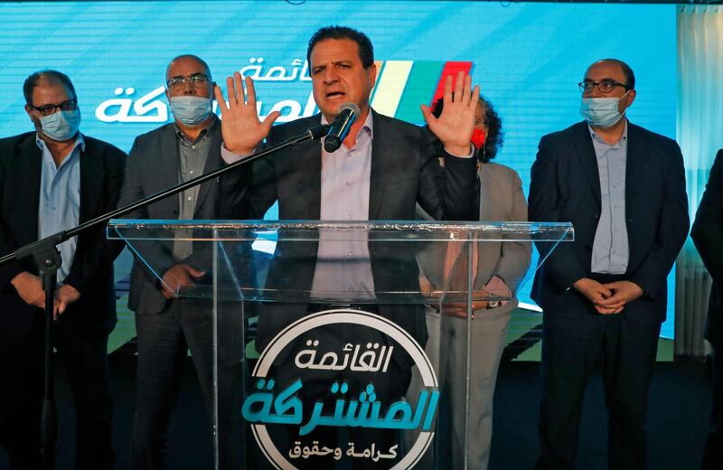 Ayman Odeh, leader of Israel's predominantly Arab Joint List and the Hadash party, addresses supporters from their campaign headquarters in the predominantly-Arab northern Israeli city of Shefa Amr. AFP