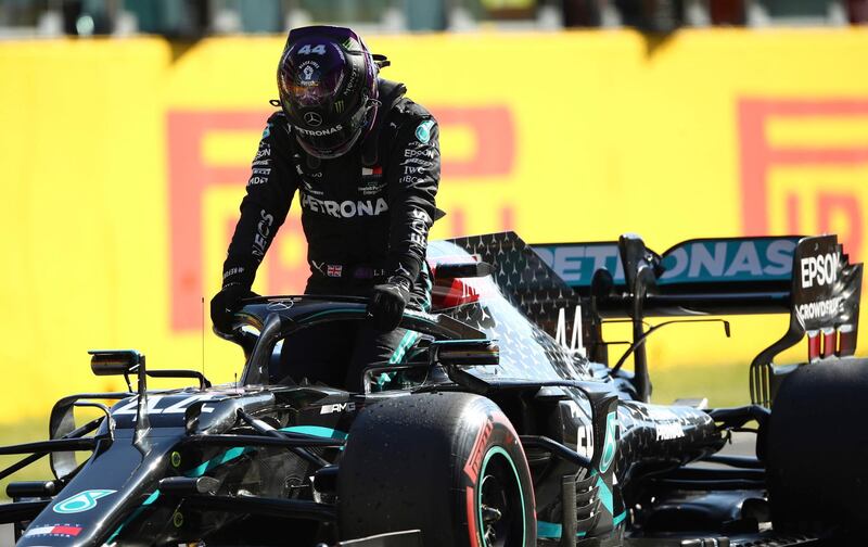 Mercedes driver Lewis Hamilton after clocking the best time during qualification ahead of the Tuscan Grand Prix in Italy. AP