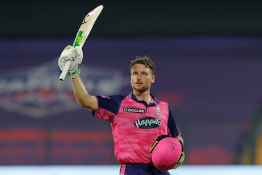 Jos Buttler of Rajasthan Royals celebrates after scoring a hundred during match 34 of the TATA Indian Premier League 2022 (IPL season 15) between the Delhi Capitals and the Rajasthan Royals held at the Wankhede stadium in Mumbai on the 22nd April 2022

Photo by Deepak Malik / Sportzpics for IPL