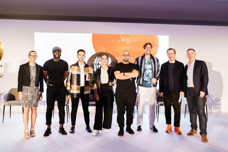 From left, Giulia Sgarbi, deputy content editor, 50 Best; chef Izu Ani; chef Raz Rahav; chef Tala Bashmi; chef Moustafa Elrefaey; pastry chef Will Goldfarb; Kamal Mouzawak, founder of Souk El Tayeb and Tawlet; and William Drew, director of content, 50 Best at #50BestTalks in Abu Dhabi in February 2022.