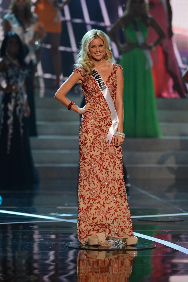 Miss Nevada Chelsea Caswell, from Las Vegas, Nev., walks the runway during the introductions of the Miss USA 2013 pageant, Sunday, June 16, 2013, in Las Vegas. (AP Photo/Jeff Bottari) *** Local Caption ***  Miss USA 2013.JPEG-0fac3.jpg