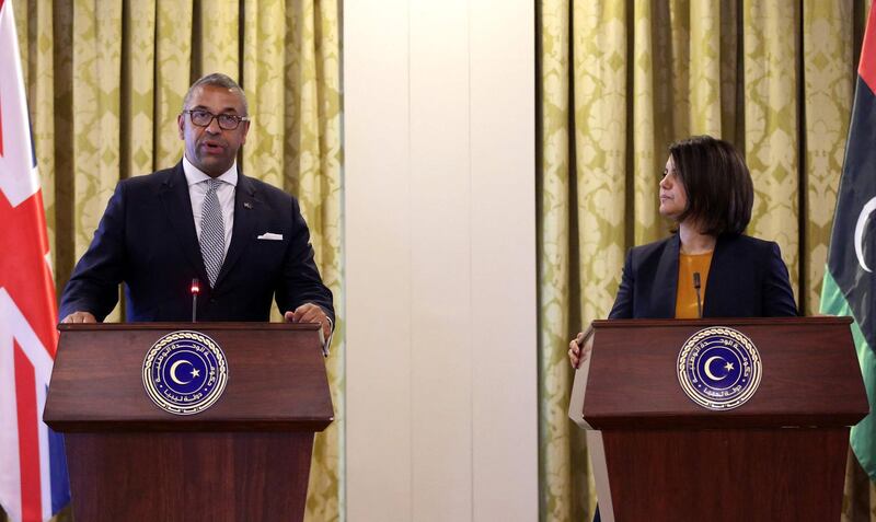 Libyan Minister of Foreign Affairs of the Government of National Unity, Najla al-Manqoush, holds a joint press conference with the British Minister of State for the Middle East and North Africa, James Cleverly, in the Libyan capital Tripoli on June 10, 2021.
  / AFP / -
