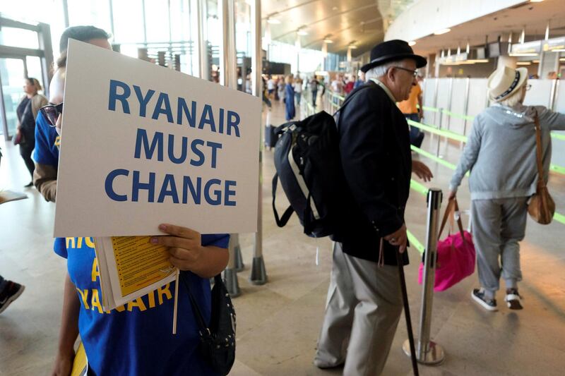 A Ryanair worker takes part in a protest inside the airport in Valencia, Spain. Reuters