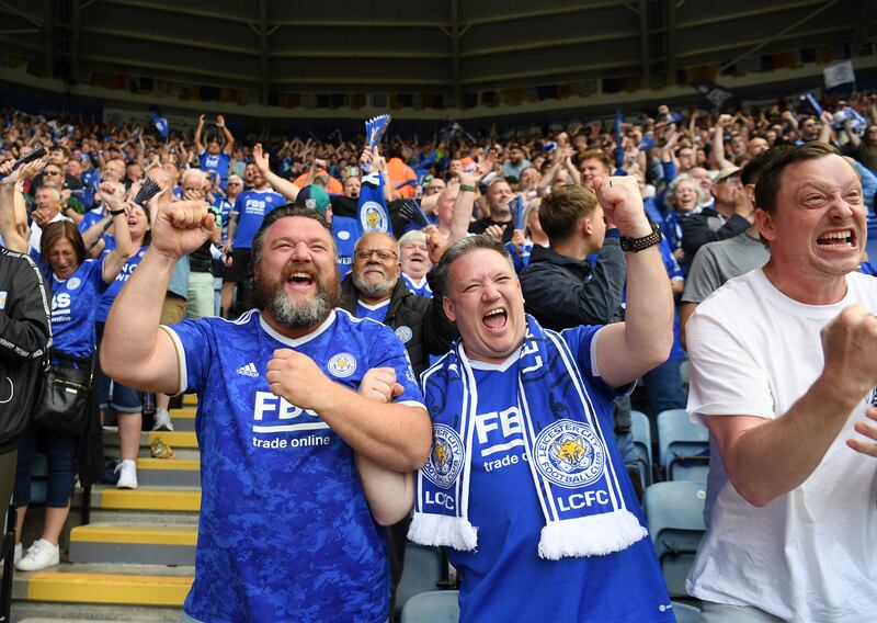 Leicester City fans celebrate after their sides first goal. Getty