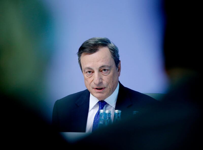 FILE - In this Thursday, April 27, 2017, file photo, Mario Draghi, president of the European Central Bank, speaks during a news conference in Frankfurt, Germany. Federal Reserve Chair Janet Yellen and Draghi give high-profile speeches from the annual meeting of central bankers in Jackson Hole, Wyo., Friday, Aug. 25, 2017. (AP Photo/Michael Probst, File)
