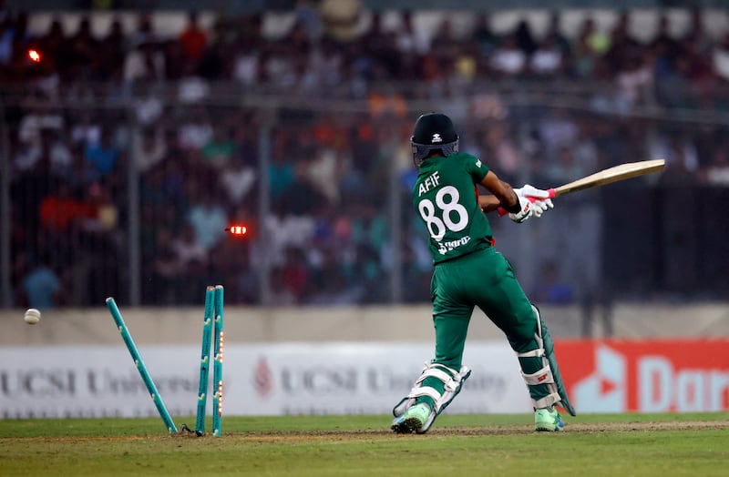 Bangladesh batter Afif Hossain is bowled out by England's Jofra Archer for two. Reuters