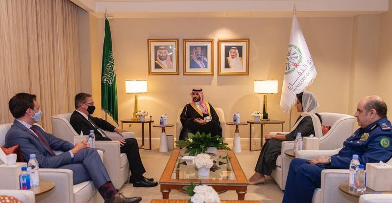 Prince Khalid bin Salman, Saudi Arabia's Vice Minister of Defence, meets Special US Envoy for the Horn of Africa Jeffrey Feltman.