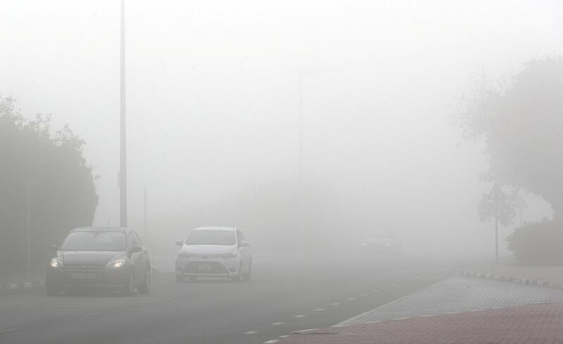 DUBAI, UNITED ARAB EMIRATES , Feb 16  – 2020 :-  Traffic during the early morning fog in Discovery Gardens area in Dubai.  (Pawan  Singh / The National) For News/Online/Instagram. 