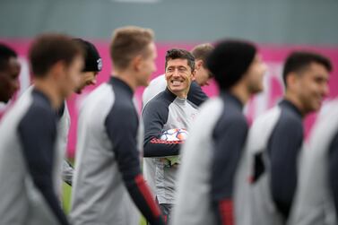 MUNICH, GERMANY - OCTOBER 26: Robert Lewandowski of FC Bayern Muenchen smiles during a training session ahead of the UEFA Champions League Group A stage match between FC Bayern Muenchen and Lokomotiv Moskva at Saebener Strasse training ground on October 26, 2020 in Munich, Germany. (Photo by Adam Pretty/Getty Images for FC Bayern)