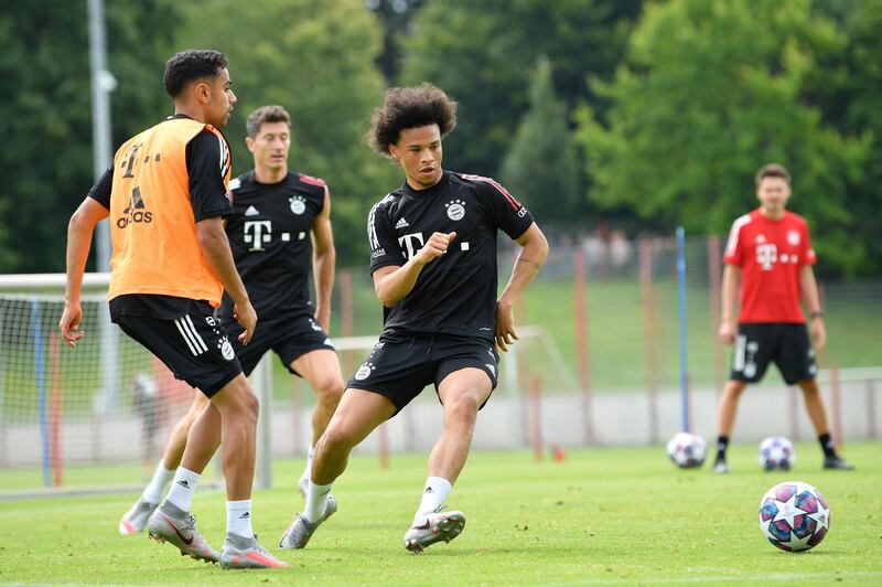 MUNICH, GERMANY - JULY 24: Leroy Sane of Bayern Muenchen looks at the ball during a training session at Saebener Strasse training ground on July 24, 2020 in Munich, Germany. (Photo by S. Widmann/Getty Images for FC Bayern)