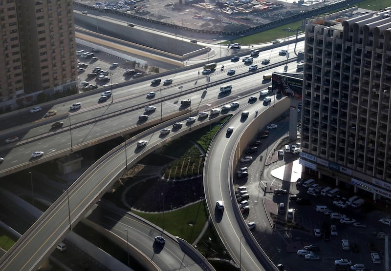 Dubai, United Arab Emirates - March 21st, 2018: Traffic in Downtown, Dubai. Wednesday, March 21st, 2018 in Downtown, Dubai. Chris Whiteoak / The National