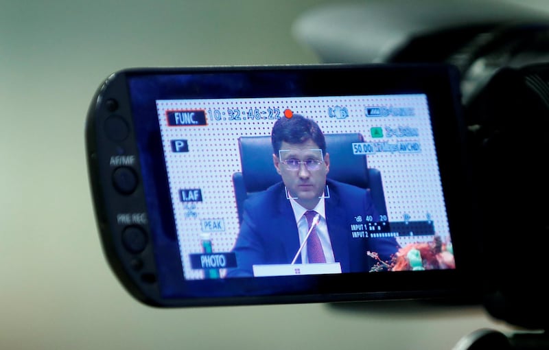 Russia's Energy Minister Alexander Novak is seen on a camera screen during a meeting of the Organization of the Petroleum Exporting Countries (OPEC) and non-OPEC producing countries in Vienna, Austria September 22, 2017.  REUTERS/Leonhard Foeger