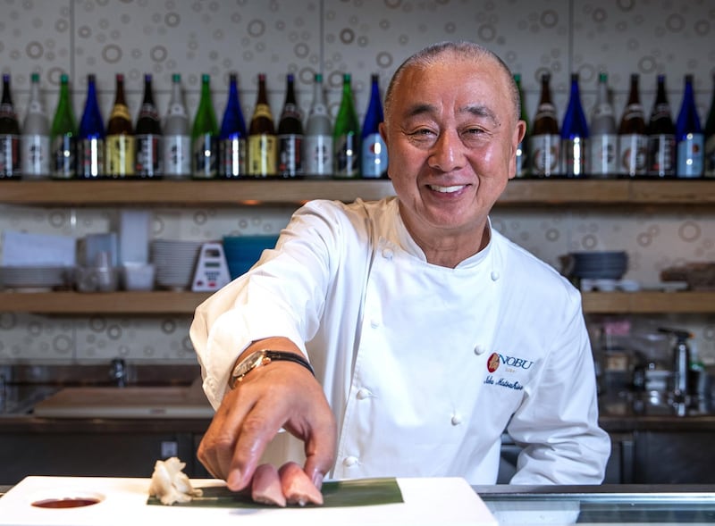 Dubai, U.A.E., September 27, 2018.  Chef Nobu at his restaurant at the Atlantis, the Palm.  Preparing some sushi.
Victor Besa/ The National
Section:  IF
Reporter:  Selina Denman