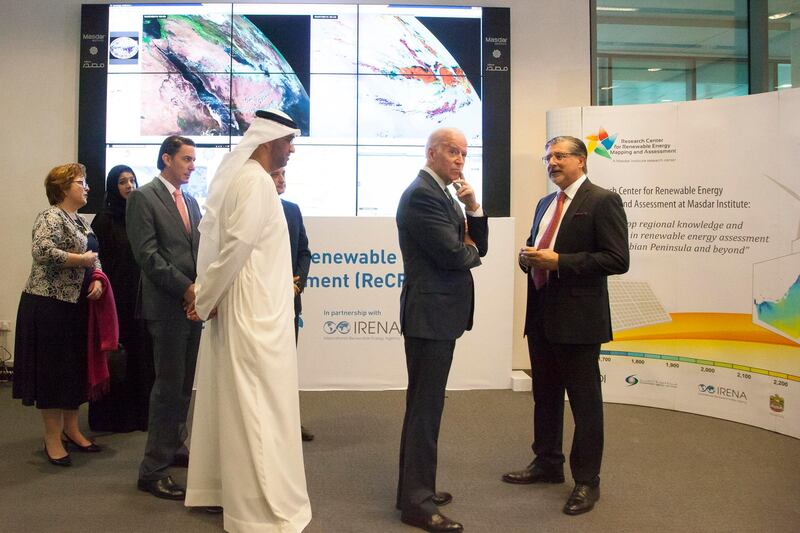 ABU DHABI, UNITED ARAB EMIRATES - March 07, 2016: Joe Biden, Vice President of the United States of America (2nd R), speaks with Adnan Amin Director-General of the International Renewable Energy Agency (IRENA) (R) during a tour of Masdar City. Seen with HE Dr Sultan Ahmed Al Jaber UAE Minister of State and Chairman of Masdar (L), HE Barbara Leaf Ambassador of the United States of America to the UAE (back L) and HE Reem Ibrahim Al Hashemi Minister of State for International Cooperation (back 2nd L). 

( Razan Al Zayani for Crown Prince Court - Abu Dhabi )
--- *** Local Caption ***  20160307RA_MG_9619.JPG