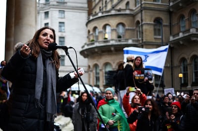 Deputy Mayor of Jerusalem Fleur Hassan-Nahoum speaks a demonstration in London. AFP
