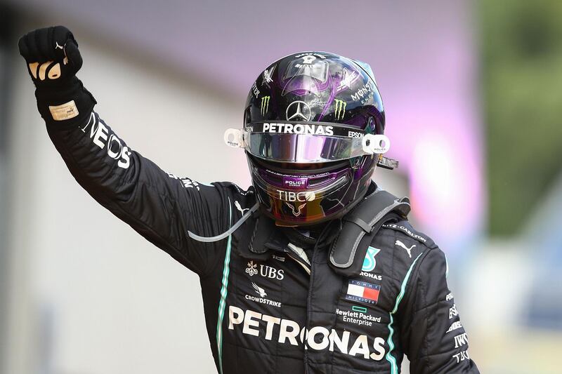 Lewis Hamilton celebrates winning the Styrian Grand Prix. AFP