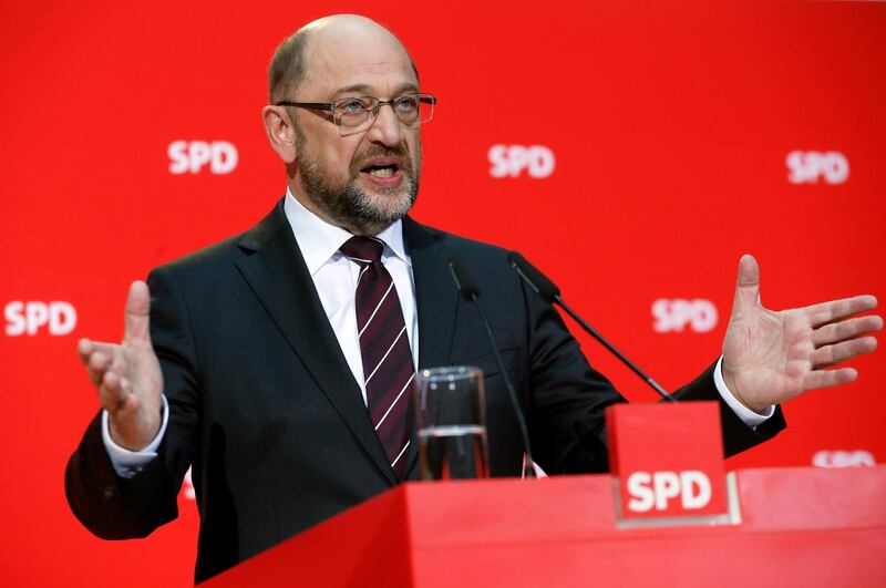 epa06366805 The leader of the German Social Democratic Party (SPD), Martin Schulz, speaks during a press conference in the party's headquarters in Berlin, Germany, 04 December 2017. Schulz agreed on starting exploratory talks with the Christian Democratic Union (CDU) party of German Chancellor Angela Merkel, but warned that his proposal had to be approved by the party conference that will take place from 07 to 09 of December in Berlin.  EPA/FELIPE TRUEBA